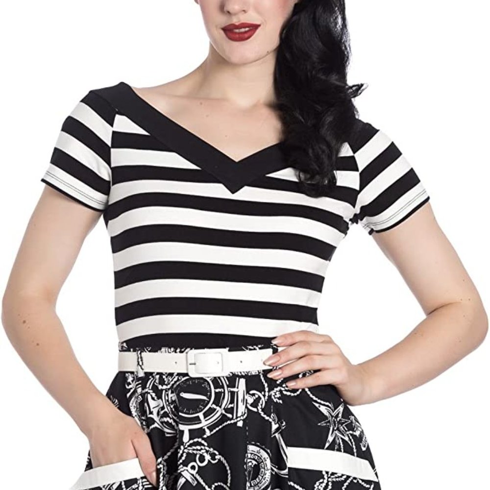 NWT Hell Bunny Black/White Stripe V-Neck Off-Shoulder Knit Top Size 3XL